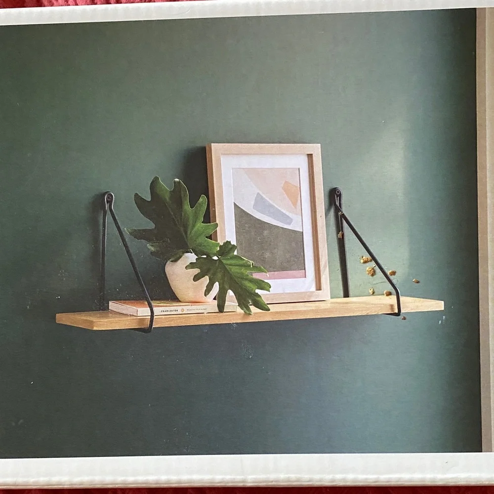 24”x6”Wood Shelf Hanging Wire Matte Black: Bracket Design, Mounting Hardware